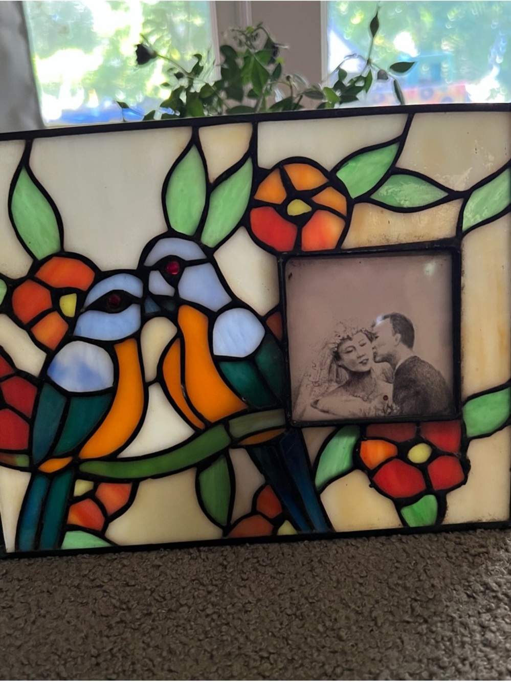 Vintage Stained Glass Bird Photo Frame - Colorful Floral Design EUC